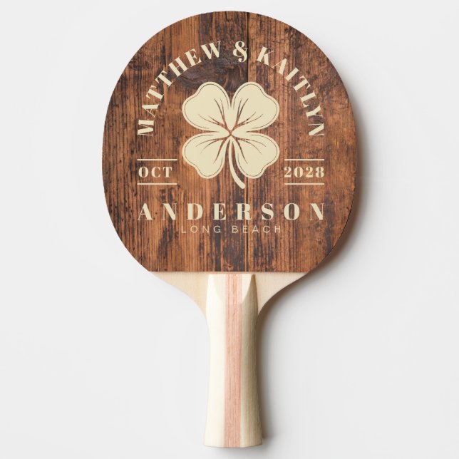 Reclaimed Wood Irish Lucky Clover Wedding Crest Pingisracket (Framsidan)