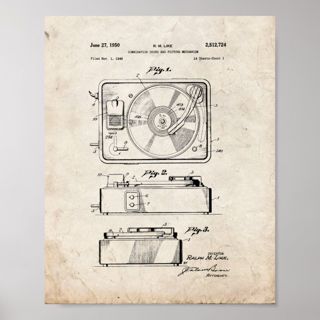 Record Player Patent - gammalt utseende Poster (Framsidan)