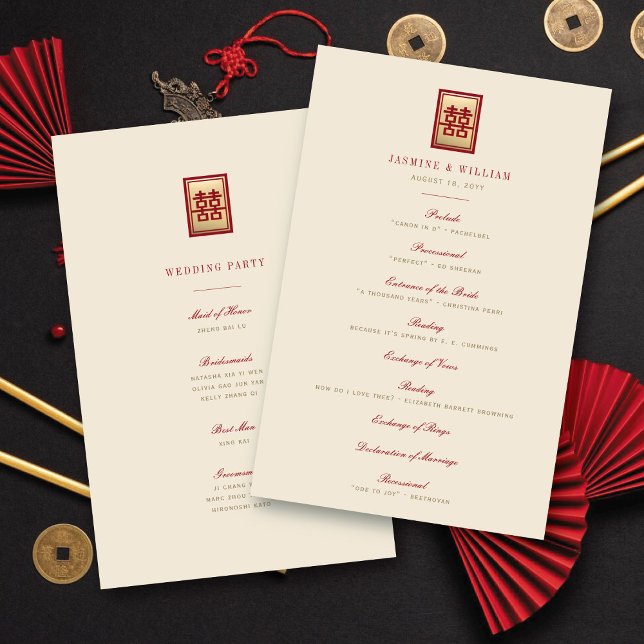 Rectangle Dubbla Happity China-Bröllopsprogram (Gold/Red Classic Rectangle Double Happiness Modern Chinese Wedding Program @ fatfatin_red_knot)