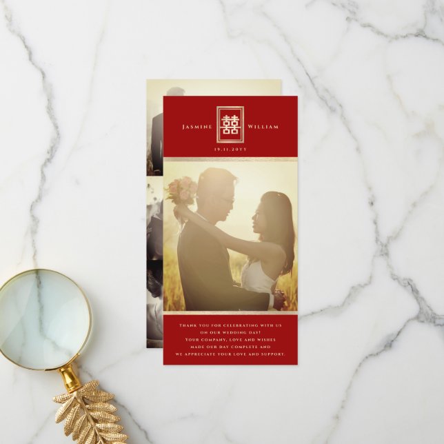 Rectangle Dubbla Happity Chinese Bröllop Photo Tack Kort (Fram/Back In Situ)