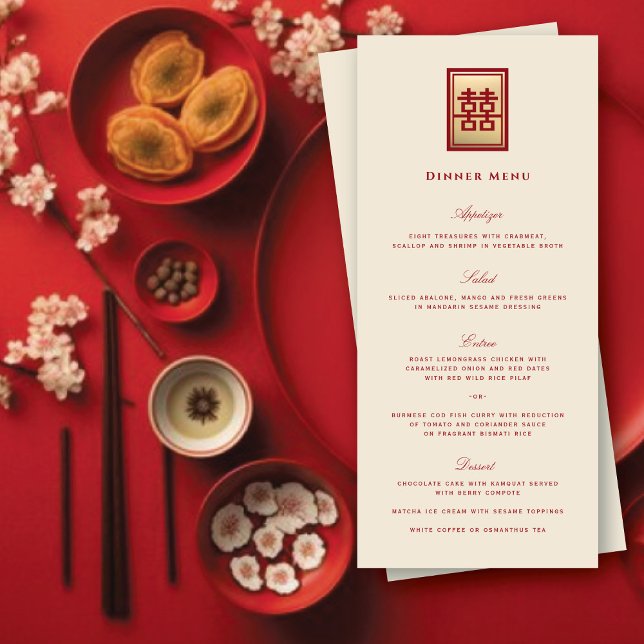 Rectangle Dubbla Happity Guld kinesisk Bröllop Meny (Gold/Red Classic Rectangle Double Happiness Modern Classy Chinese Wedding Menu @ fatfatin_red_knot)