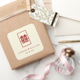 Rectangle Dubbla Happity Simple Chinese Bröllop Fyrkantigt Klistermärke