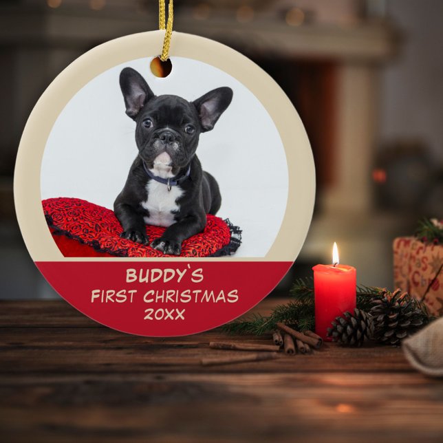 Red 1:a julpuppy Hund Pet Photo Julgransprydnad Keramik (Skapare uppladdad)