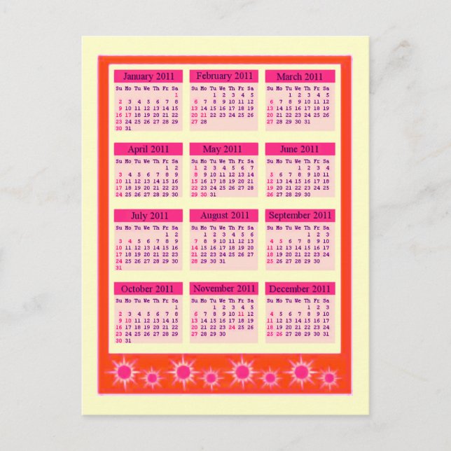 Red 2011 Year at a Glance Calendar Vykort (Framsida)