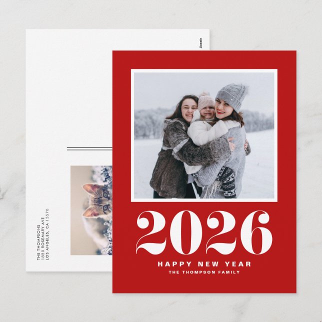 Red 2025 Fold Typography, nyårfoto Helg Vykort (Fram/baksida)