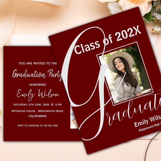 Red 2025 GRAD Photo Studentfest-inbjudan Vykort (2024 GRAD 2 Photo Graduation Party Invitation Postcard)