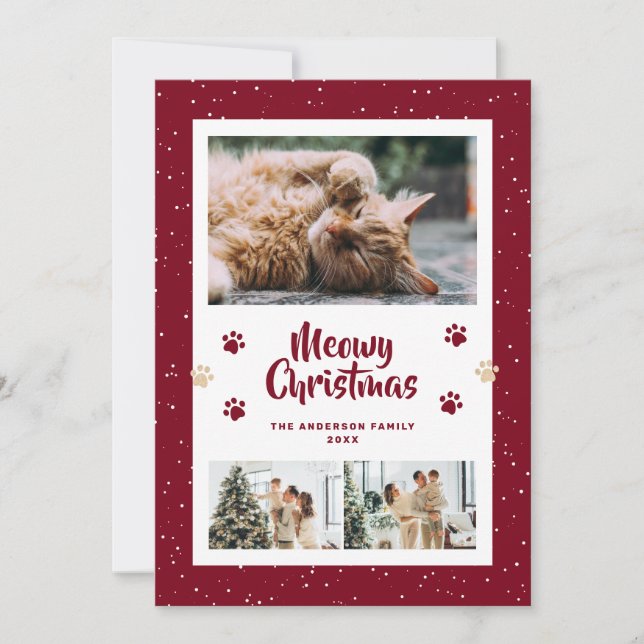 Red 3 Photo Snow Paws Meowy Christmas Card Julkort (Framsida)