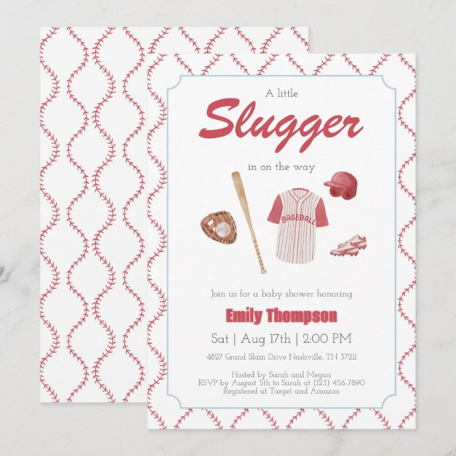 Red A Little Slugger Baby Shower-inbjudan Inbjudningar (Fram/baksida)