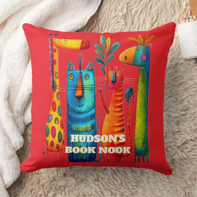 Red Abstract Safari Pals Kids Throw Pillow Kudde (Filt)