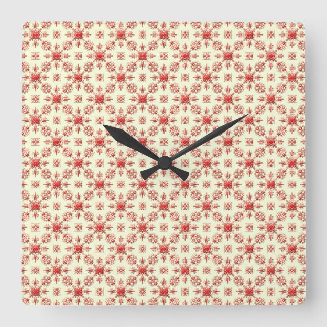 Red Abstrakt Damask on Creme Square Clock Fyrkantig Klocka (Framsida)