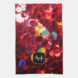 Red abstrakt mosaic shiny glitter Monogram Towel Kökshandduk