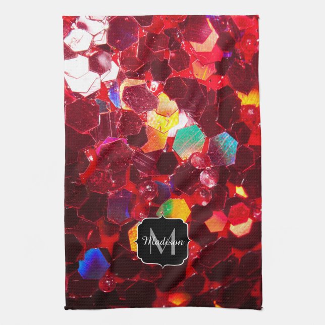 Red abstrakt mosaic shiny glitter Monogram Towel Kökshandduk (Vertikal)