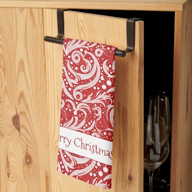 Red Abstrakt Snowflake Mönster#10 ID1009 Kökshandduk (Thirds Fold)