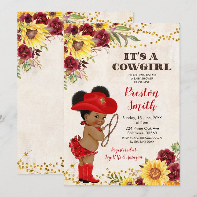 Red African Cowgirl Ro och Sunsun Baby Shower Inbjudningar (Fram/baksida)
