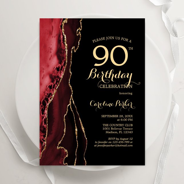 Red Agate Guld Black 90:e Birthday Inbjudningar (Skapare uppladdad)