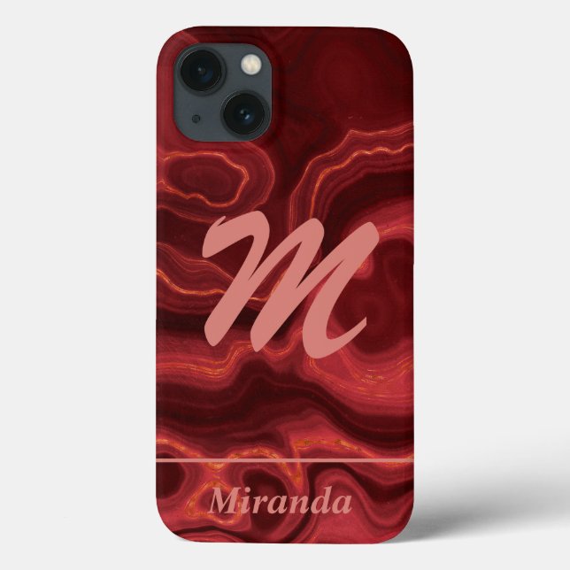 Red Agate Marble ljusare rosa Monogram och Namn (Baksida)