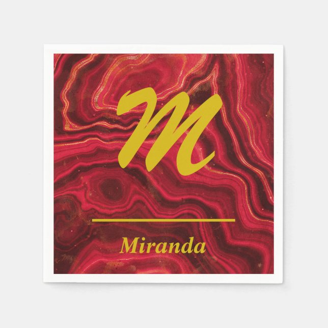 Red Agate Marble med guld Monogram och Namn Pappersservett (Framsidan)