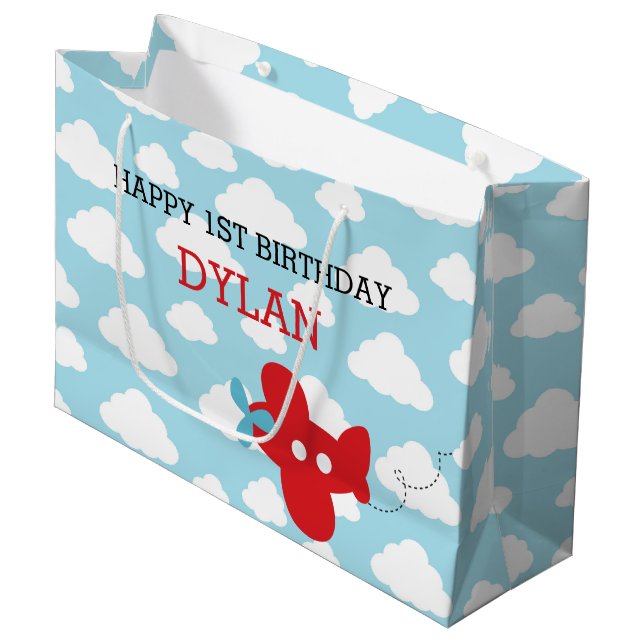 Red Airplane Gift Bag- Cute Flygplan Cloud Birthda (Framsidan Vinklad)