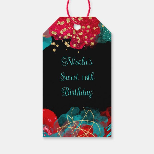 Red Alcohol Bläck Sweet 16 Födelsedagsfester Presentetikett (Framsidan)