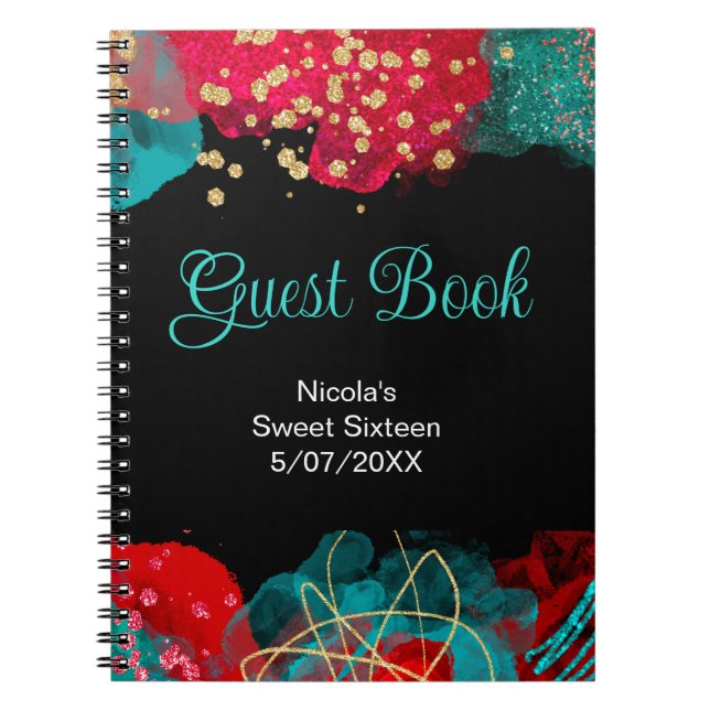 Red Alcohol Ink Sweet 16 Birthday Party Guest Book Anteckningsbok (Framsidan)