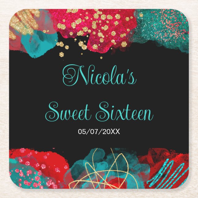 Red Alcohol Ink Sweet 16 Birthday Party  Underlägg Papper Kvadrat (Framsidan)