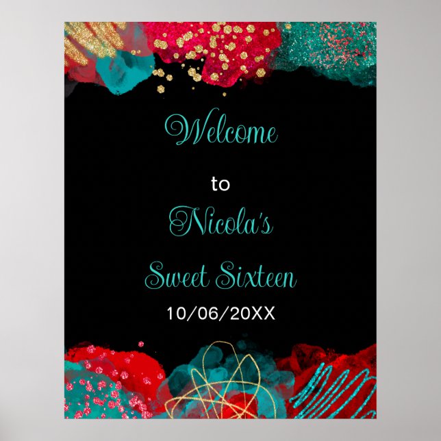 Red Alcohol Ink Sweet 16 Birthday Party Welcome Poster (Framsidan)