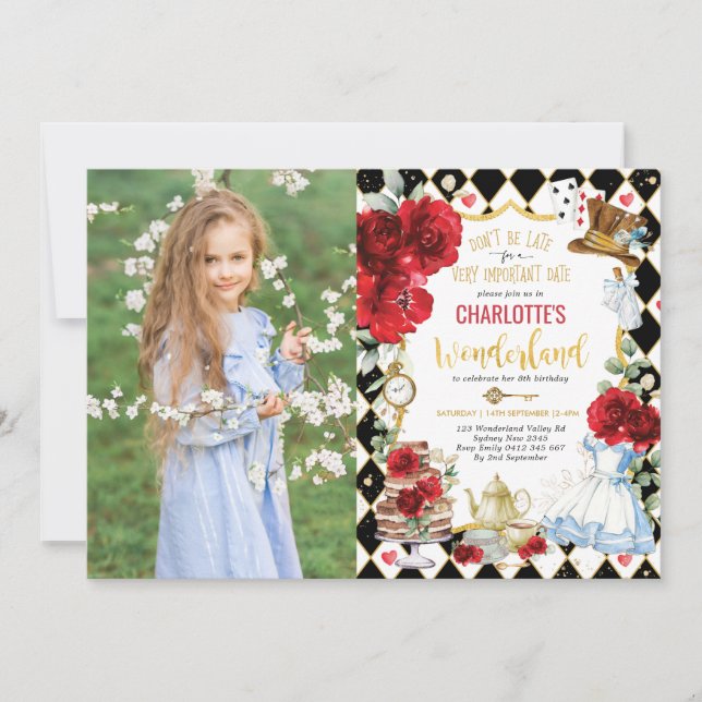 Red Alice i Wonderland Mad Hatter Birthday Tea Inbjudningar (Framsida)