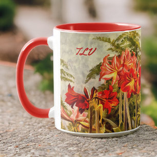 Red Amaryllis Botanical Art - Monogram Initialer Mugg