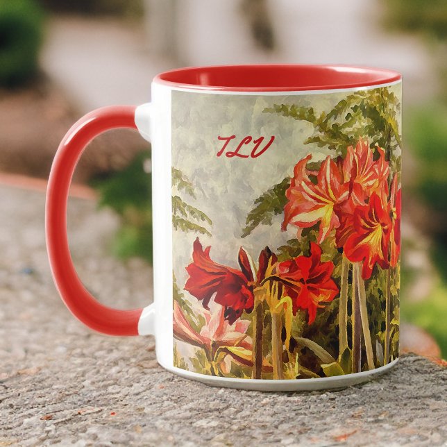 Red Amaryllis Botanical Art - Monogram Initialer Mugg (Skapare uppladdad)