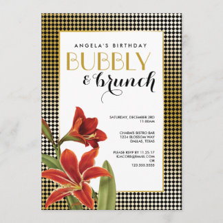 Red Amaryllis Flower Checkated Guld Inbjudningar