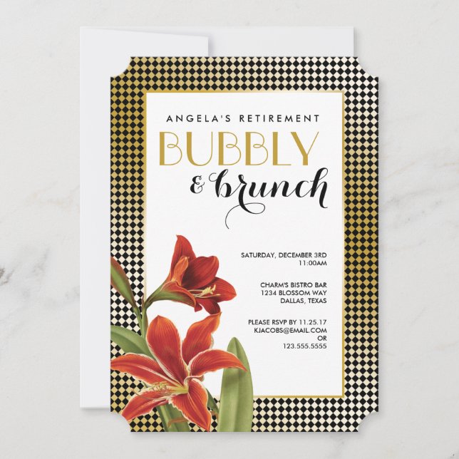 Red Amaryllis Flower Checked Guld Inbjudningar (Framsida)