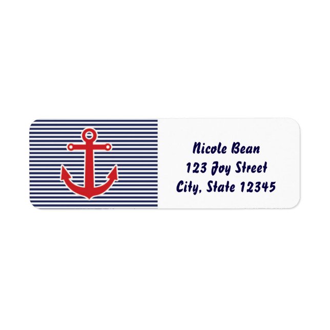 Red Anchor Nautical Blue & White Adressetiketters Returadress Etikett (Framsidan)