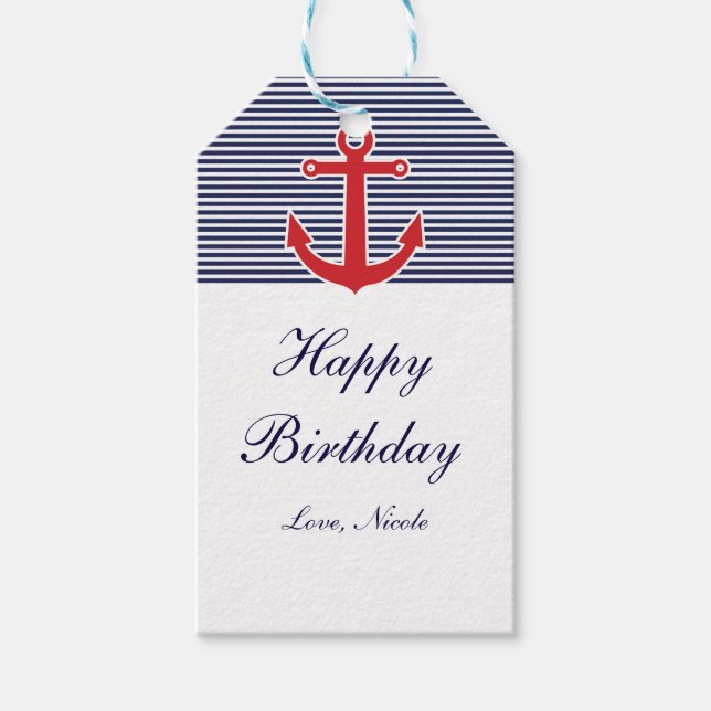 Red Anchor Nautical Blue & White Rand Gift Märkre Presentetikett (Framsidan)