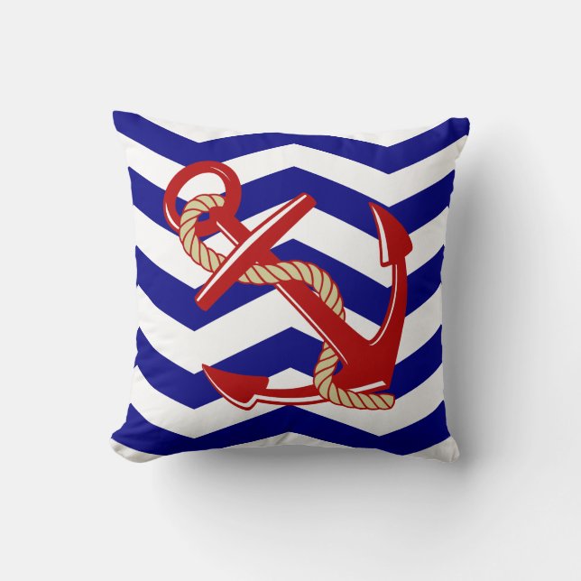 Red Anchor Nautical Chevron Rand Kudde (Framsida)