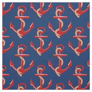 Red Anchors Nautical Mönster på Mörk blått Tyg
