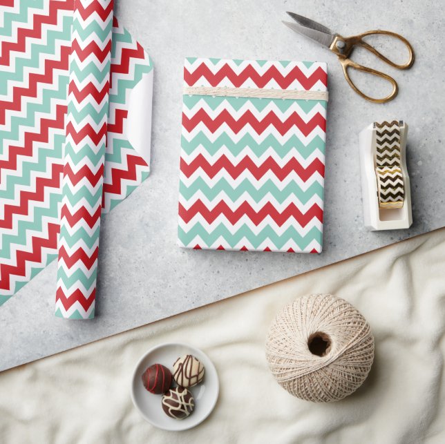 Red and Aqua jul Zigzag Chevron Rand Presentpapper (Hantverk)