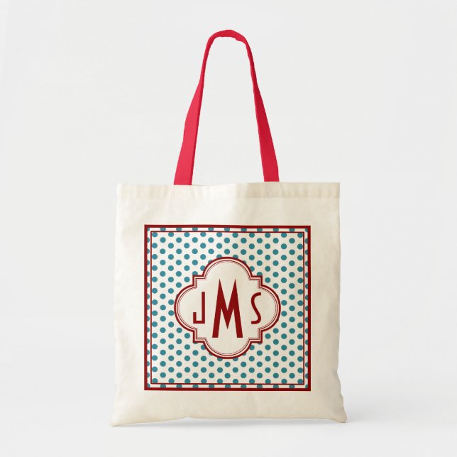 Red and Aqua Polka Dot Monogram Bag Tygkasse (Framsidan)