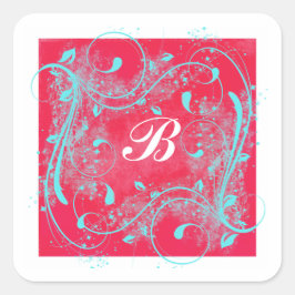 Red and Aqua Swirls 1,5-tums Monogrammed Sticker Fyrkantigt Klistermärke