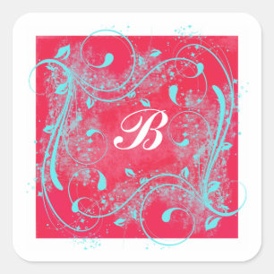 Red and Aqua Swirls 1,5-tums Monogrammed Sticker Fyrkantigt Klistermärke