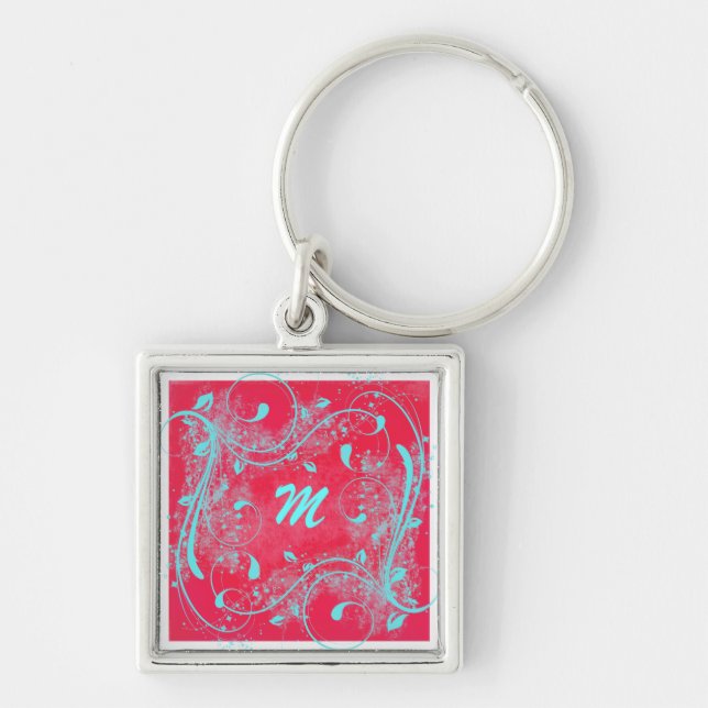 Red and Aqua Swirls Monogram Keychain Fyrkantig Silverfärgad Nyckelring (Framsidan)