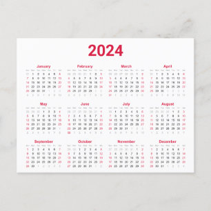 Red and Black 2024 Year at Glance Calendar Vykort