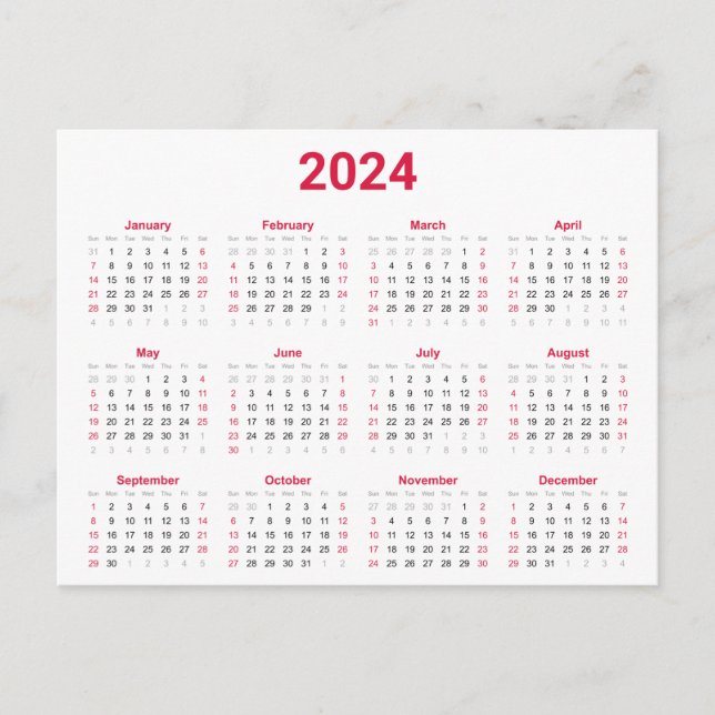 Red and Black 2024 Year at Glance Calendar Vykort (Framsida)