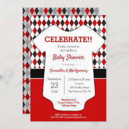 Red and Black Argyle Patterned Baby Shower Inbjudningar