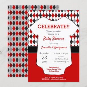 Red and Black Argyle Patterned Baby Shower Inbjudningar