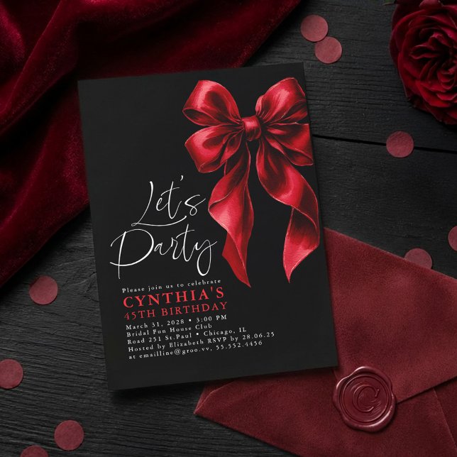 Red and Black Bow Luxury Elegant Gala Birthday Inbjudningar (Red Bow Black Birthday Invitations)