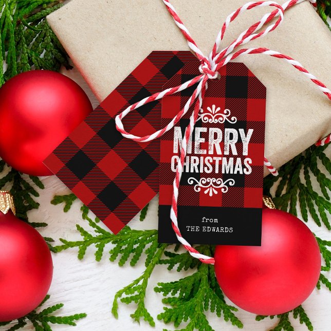 Red and Black Buffalo Check Rustic jul Presentetikett (Skapare uppladdad)
