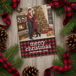 Red and Black Buffalo Plaid Merry Christmas Photo Julkort