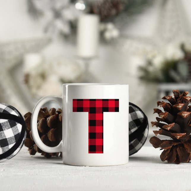 Red and Black Buffalo Play Bold Brev T Monogram Kaffemugg (Letter T Monogram Christmas Coffee Cup)