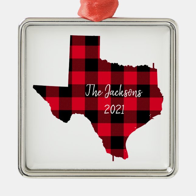 Red and Black Buffalo Play Texas Namn and Year Julgransprydnad Metall (Framsidan)