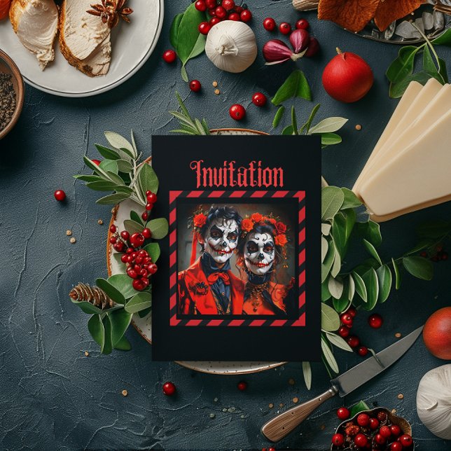 Red and black Caricature Dia de los Muertos-par Inbjudningar (Skapare uppladdad)